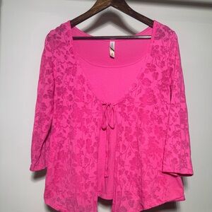 Vintage Pink Floral Cardigan Top With Camisole Attached Size Large 90s Boho